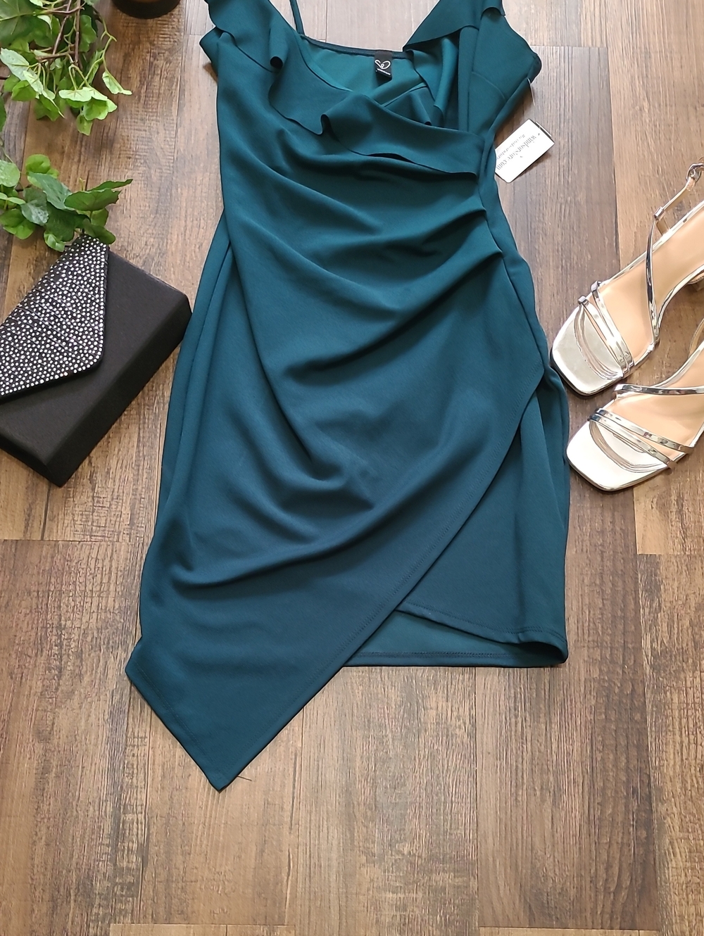 Beautiful Green Spaghetti Strap Asymmetrical Ruffle Midi Dress - Picture 3 of 9